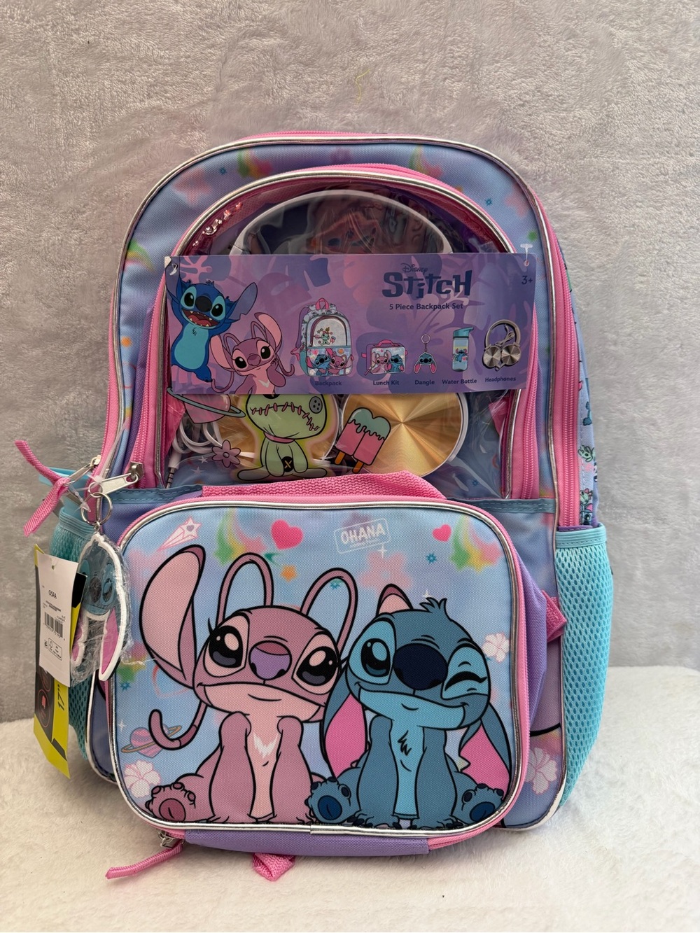 Disney Stitch & Angel 5 Piece Backpack Set Lunch Bag Bottle Headphones